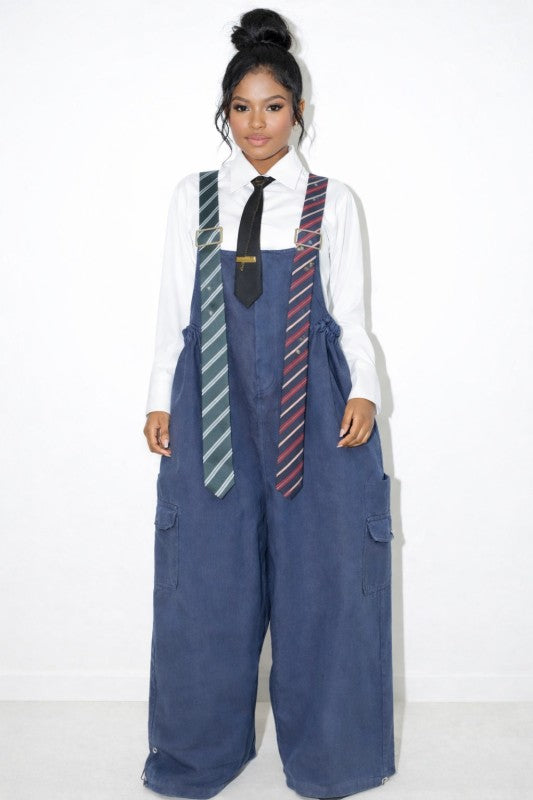 Varsity Chic  Tie Me Oversized Wide Leg Jumpsuit (Dk Blue)