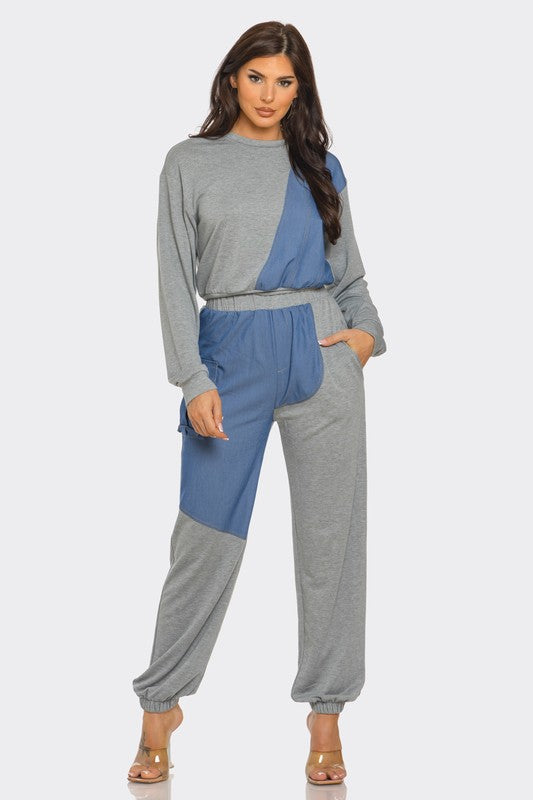 ColorBlock Denim Detail Pants Set- Mocha/Denim