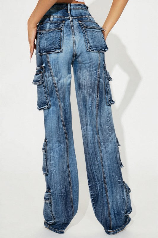 High Rise Brushed Big Pockets Cargo Jeans