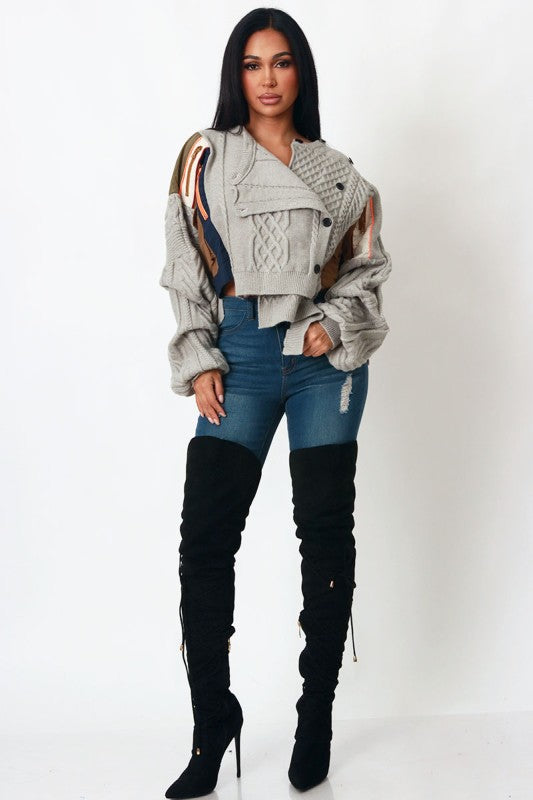 Patchwork Asymmetric Knit Sweater (Grey)