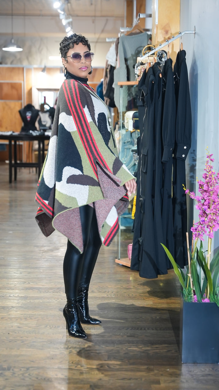 Effortless Bold Camo Poncho Sweater