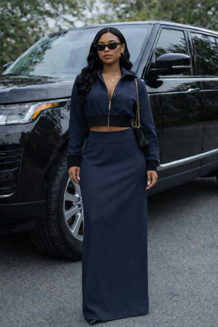 Slate Muse Cropped Jacket & Maxi Skirt Set