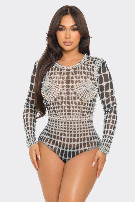 Bring out the Pearls Embellished Bodysuit (Black)