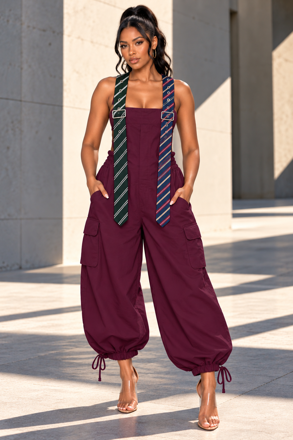 Varsity Chic  Tie Me Oversized Wide Leg Jumpsuit (Burgundy)