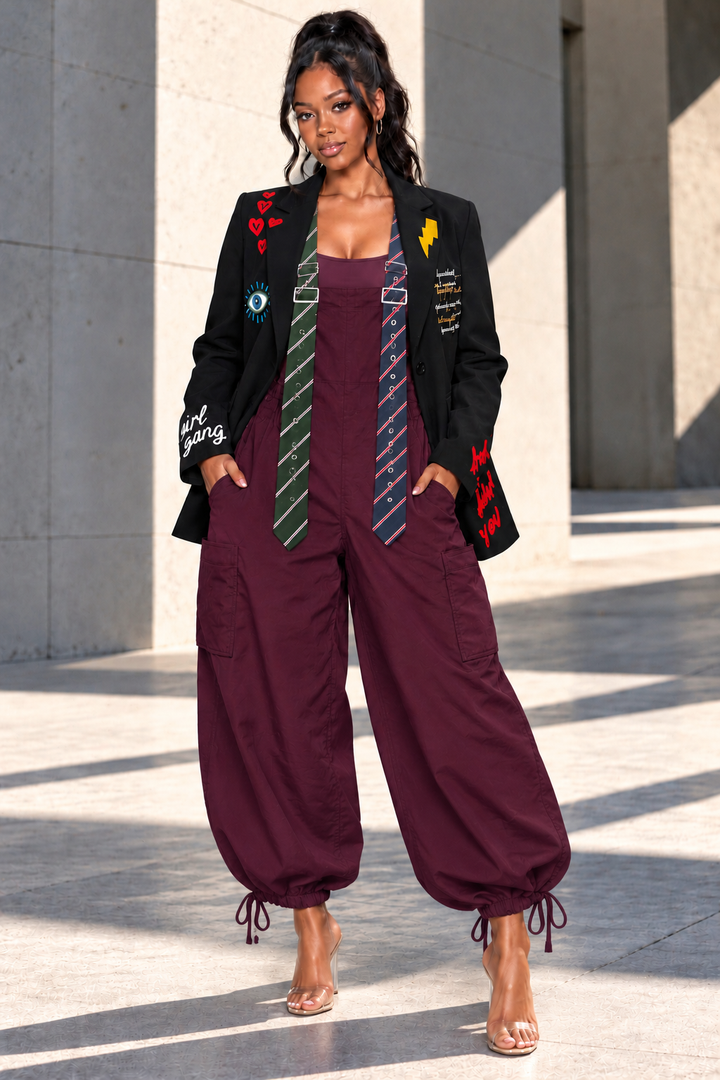 Varsity Chic  Tie Me Oversized Wide Leg Jumpsuit (Burgundy)