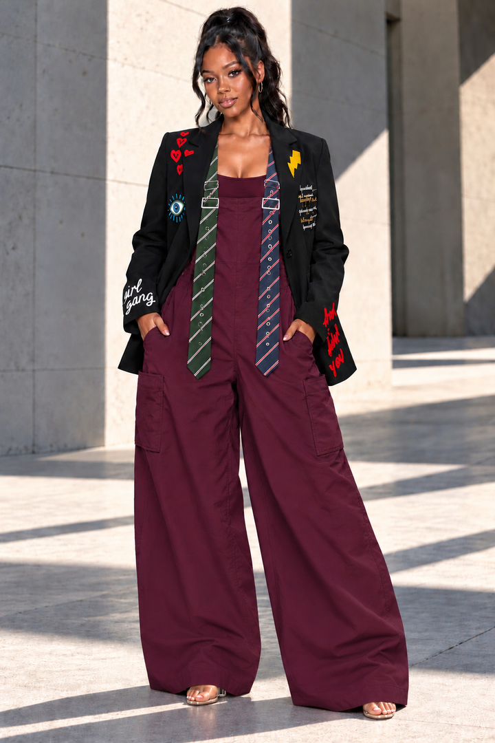 Varsity Chic  Tie Me Oversized Wide Leg Jumpsuit (Burgundy)