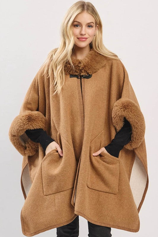 Fancy That Faux Fur Trim Wrap Poncho