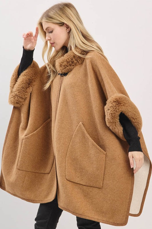 Fancy That Faux Fur Trim Wrap Poncho