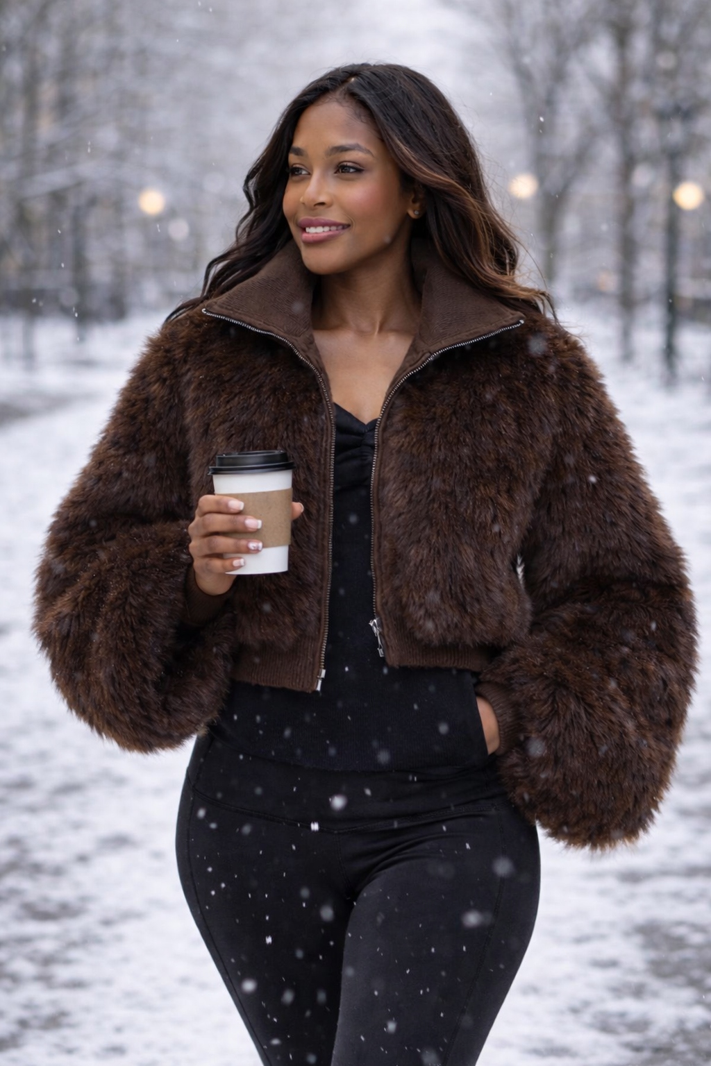 Wide arm Plush Crop Faux Fur Jacket - Brown