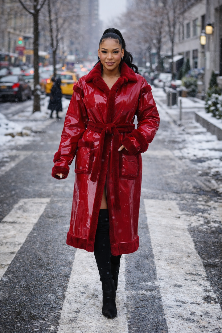 Wrapped up In Red Faux Fur Coat