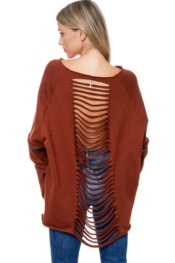 Back it Out Cut- Up Zipper Sweater (Brown)