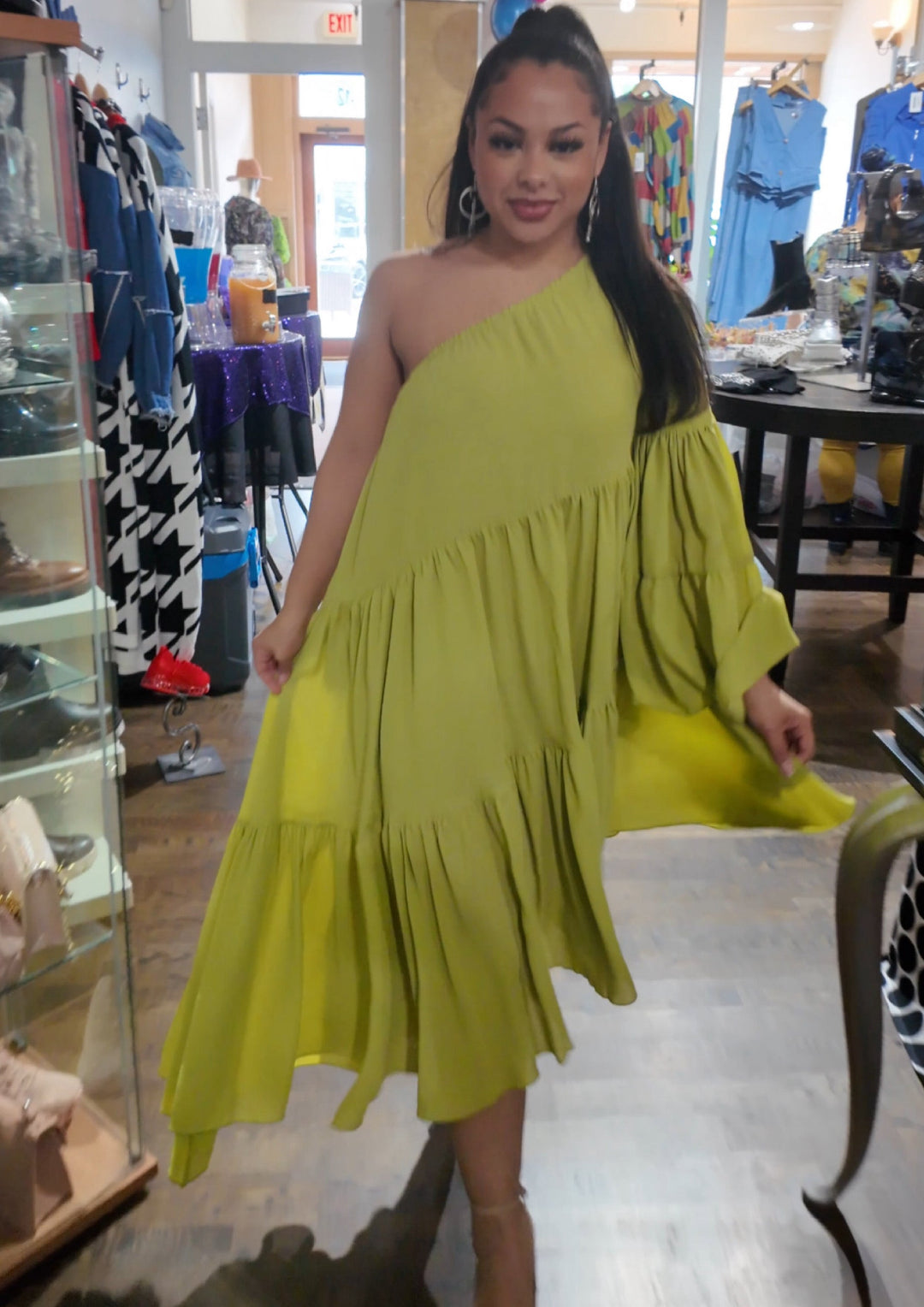 In a Mood Off Shoulder One Sleeve Dress (Pistachio)
