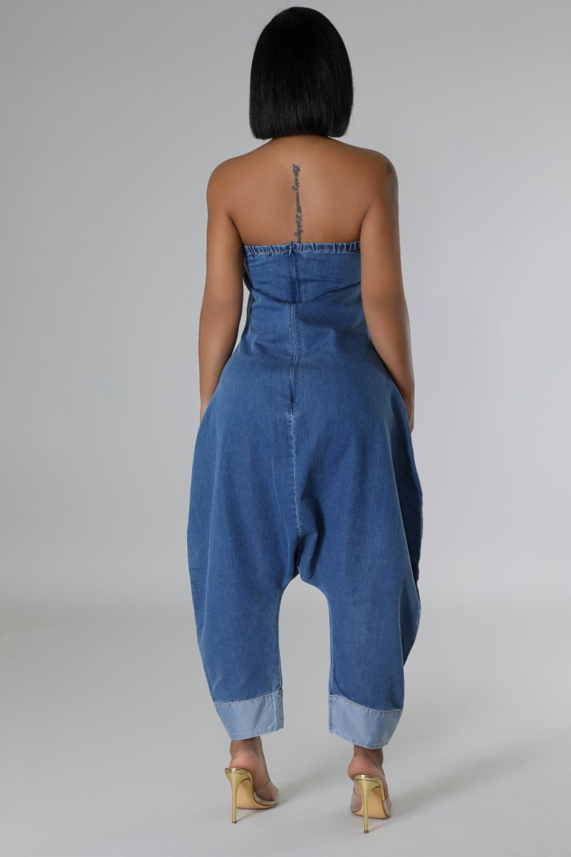 Jagged Edge Harem Denim Jumpsuit - Also Available in Plus Size