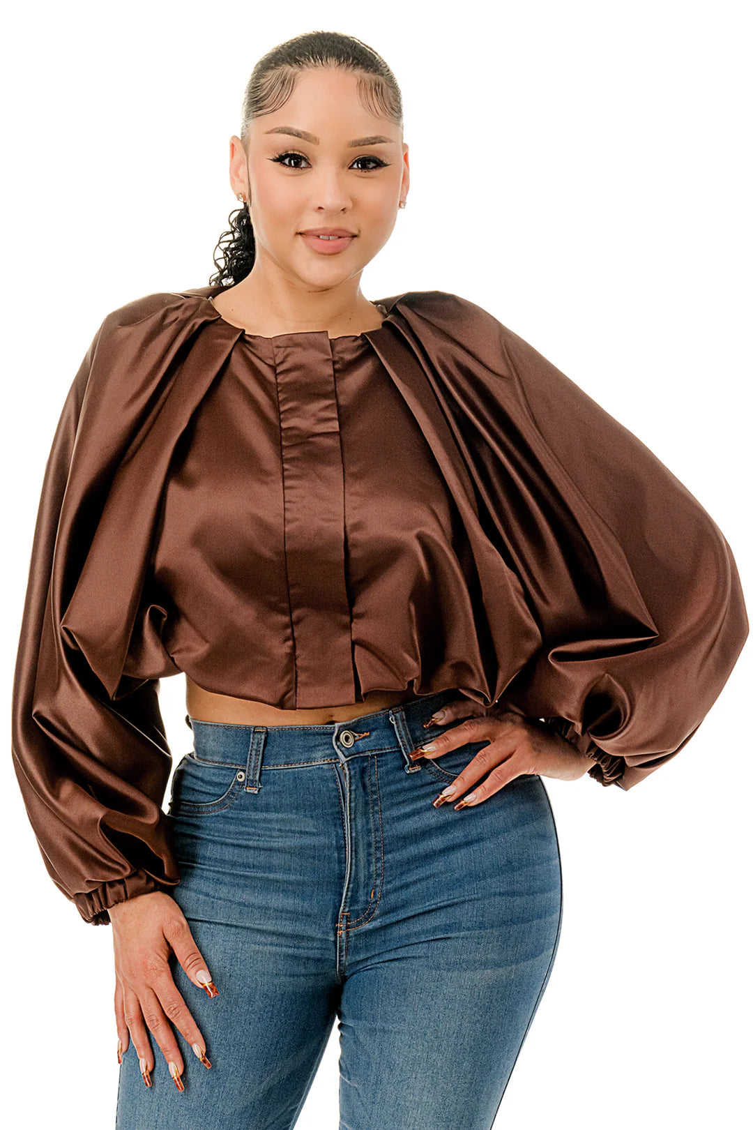 Satin Soft Crop Bubble Sleeve Top ( Avail in Black & Brown)