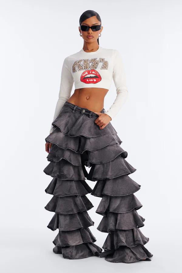 Drama Tiered Ruffle Denim Jeans (Grey)