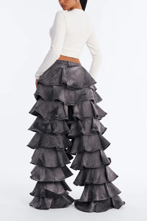 Drama Tiered Ruffle Denim Jeans (Grey)