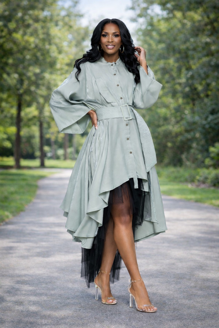 Asymmetric Mesh Bottom Maxi Flair Dress