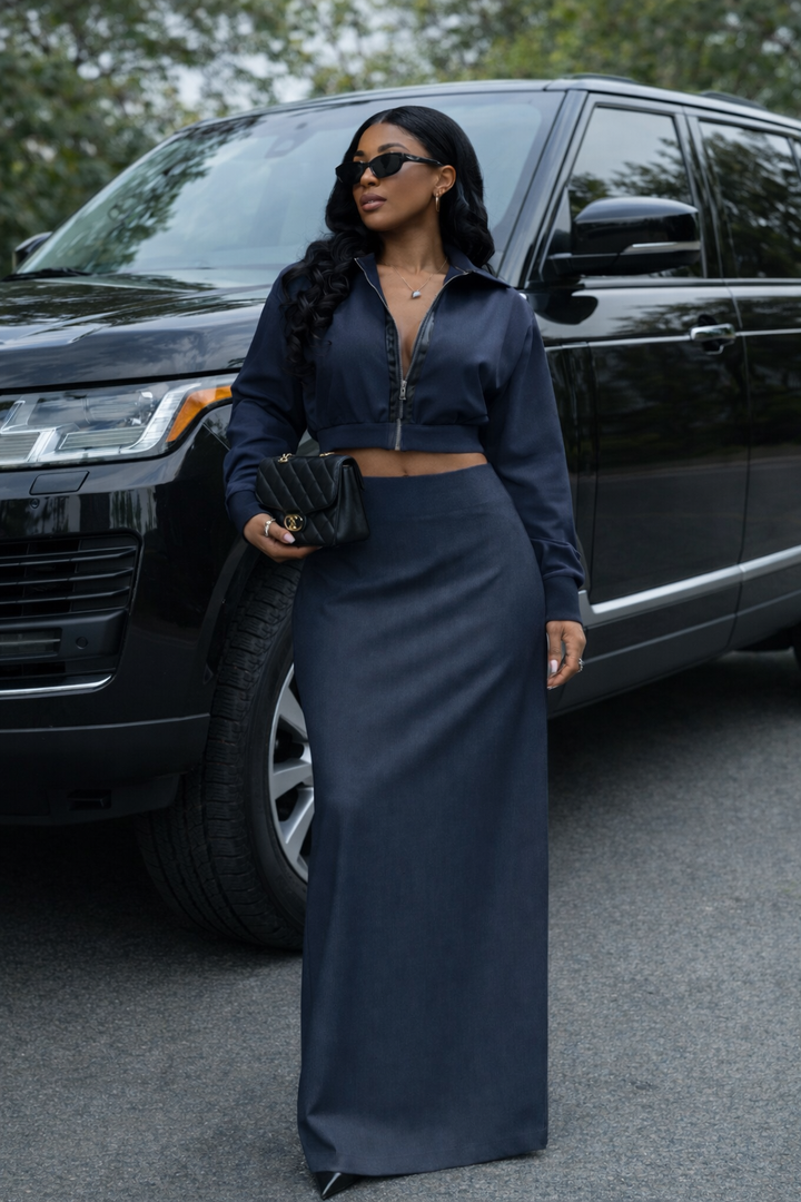 Slate Muse Cropped Jacket & Maxi Skirt Set
