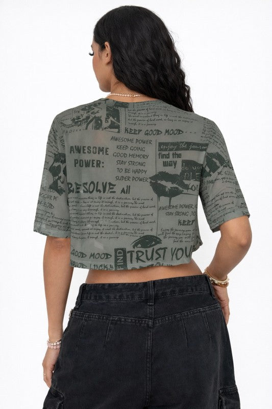 Newspaper Print Mesh Crop Top