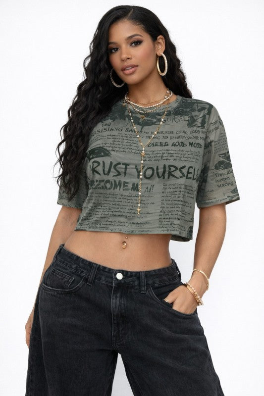 Newspaper Print Mesh Crop Top