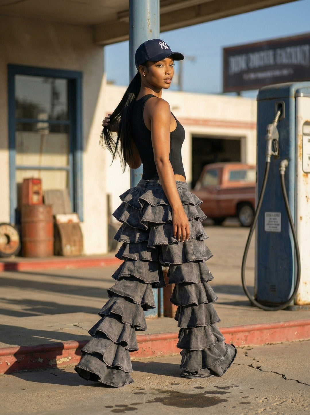 Drama Tiered Ruffle Denim Jeans (Grey)