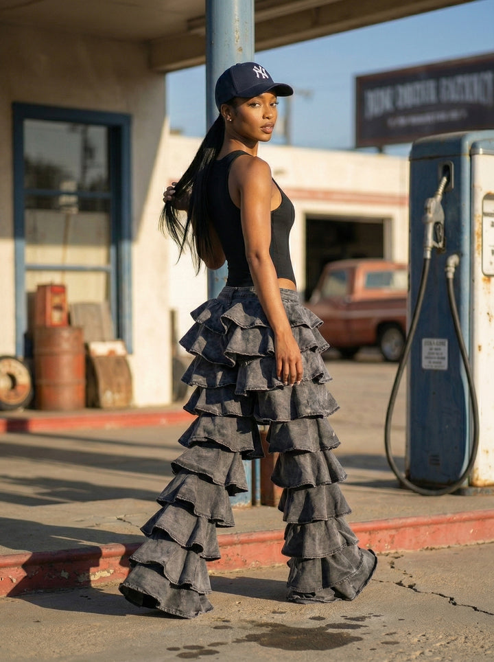 Drama Tiered Ruffle Denim Jeans (Grey)