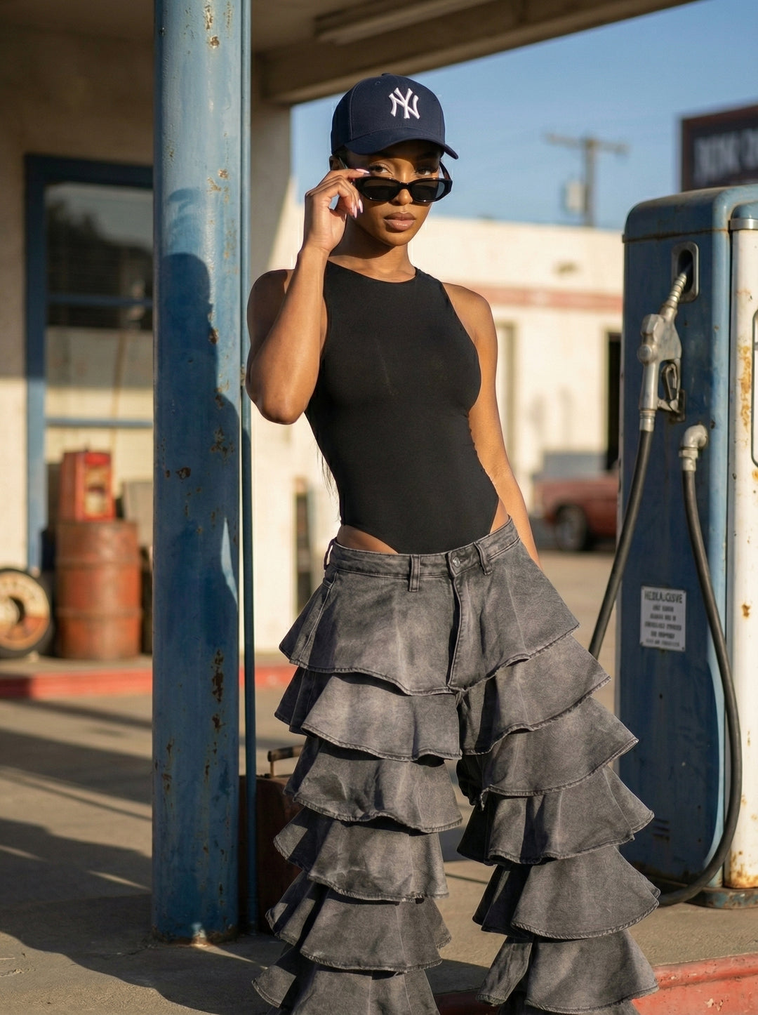 Drama Tiered Ruffle Denim Jeans (Grey)