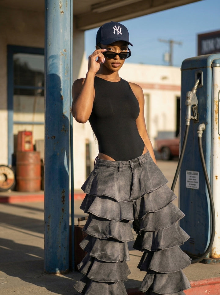 Drama Tiered Ruffle Denim Jeans (Grey)