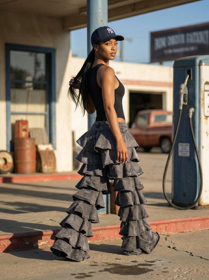 Drama Tiered Ruffle Denim Jeans (Grey)