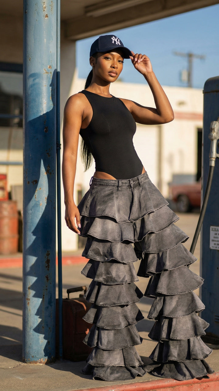 Drama Tiered Ruffle Denim Jeans (Grey)