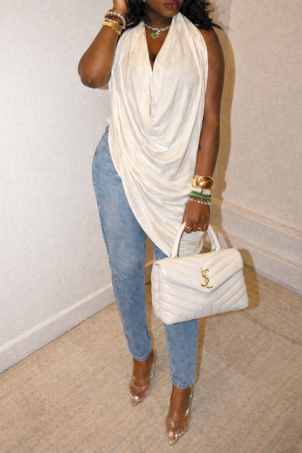 Cowl Neck Backless Tank Top (Off-White)