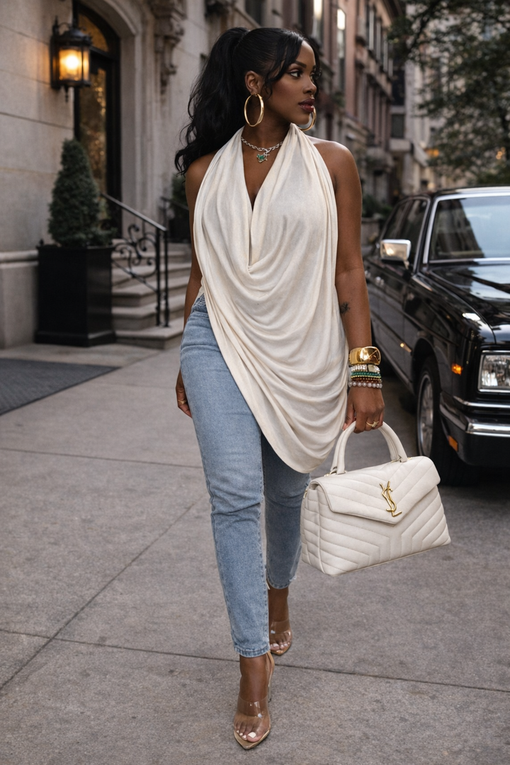 Cowl Neck Backless Tank Top (Off-White)
