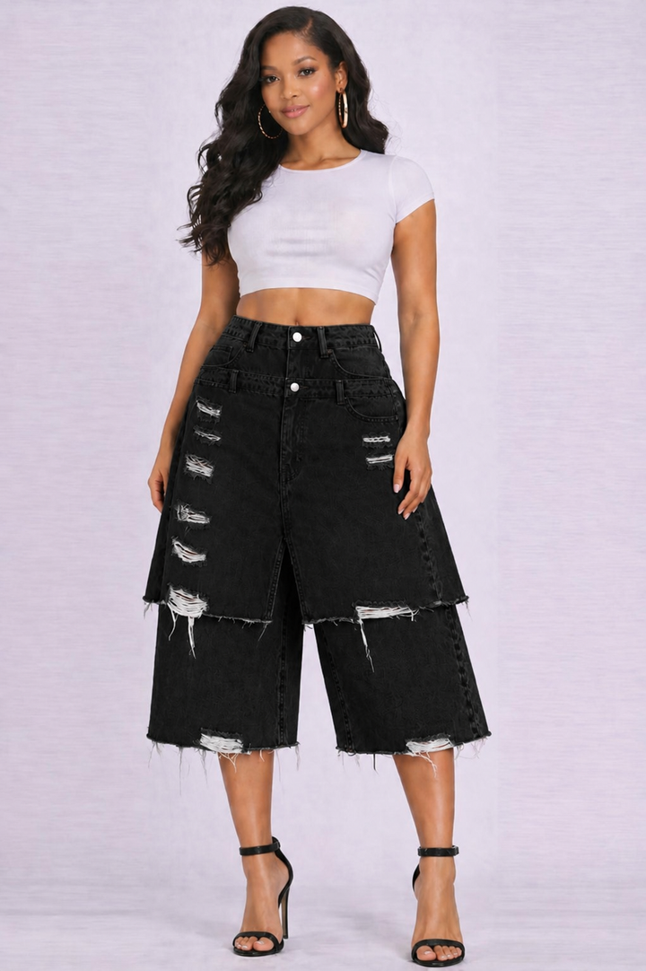 Rebel Distressed Wide Leg Jorts (Black)