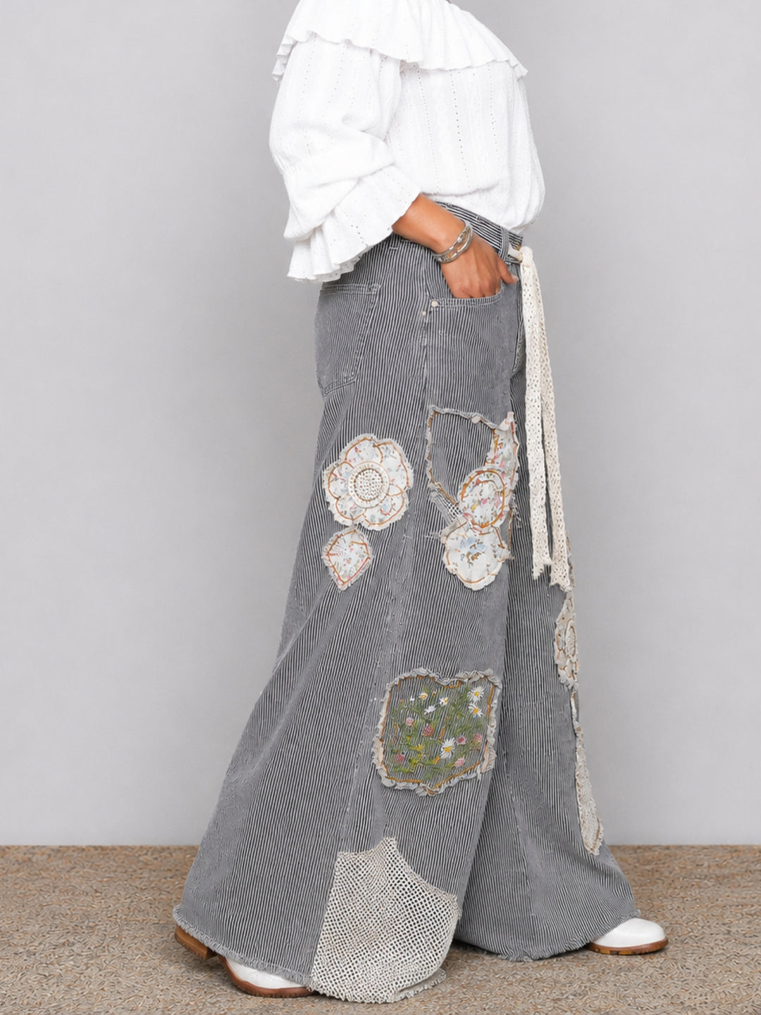 Vintage Patchwork Stripe Wide Leg Pants