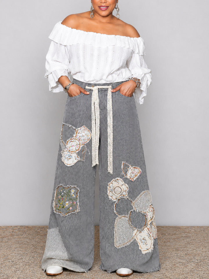 Vintage Patchwork Stripe Wide Leg Pants
