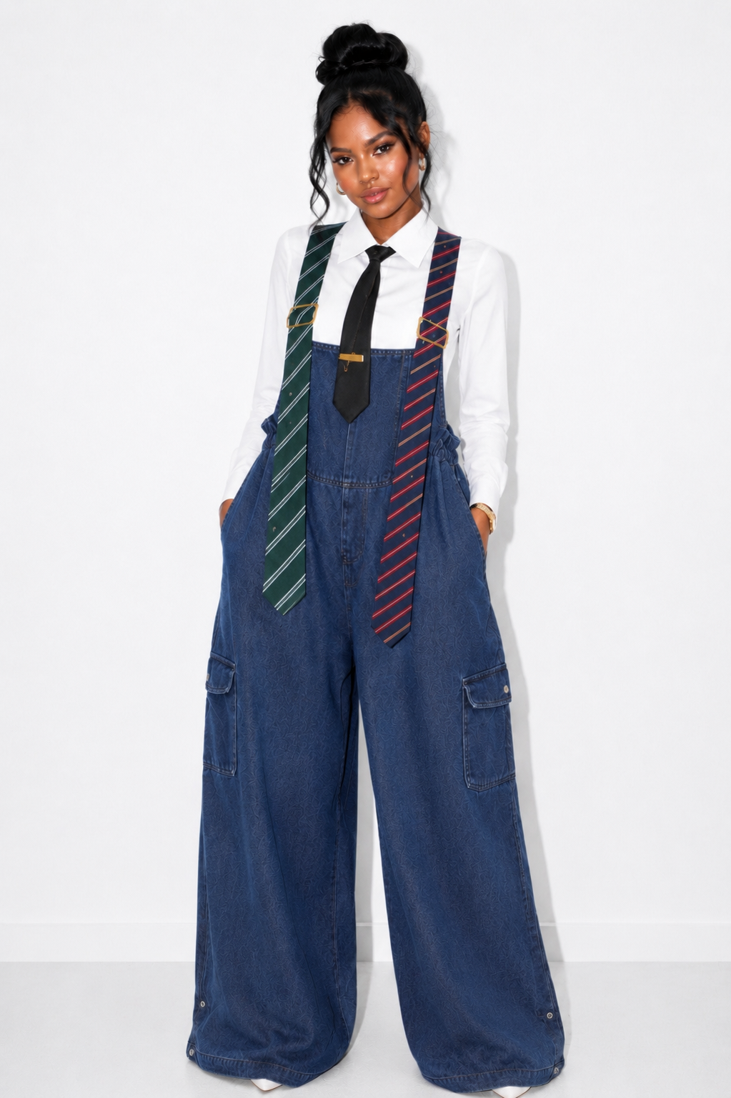 Varsity Chic  Tie Me Oversized Wide Leg Jumpsuit (Dk Blue)
