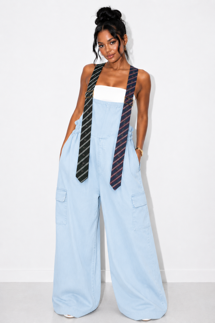 Varsity Chic  Tie Me Oversized Wide Leg Jumpsuit (Lt Blue)