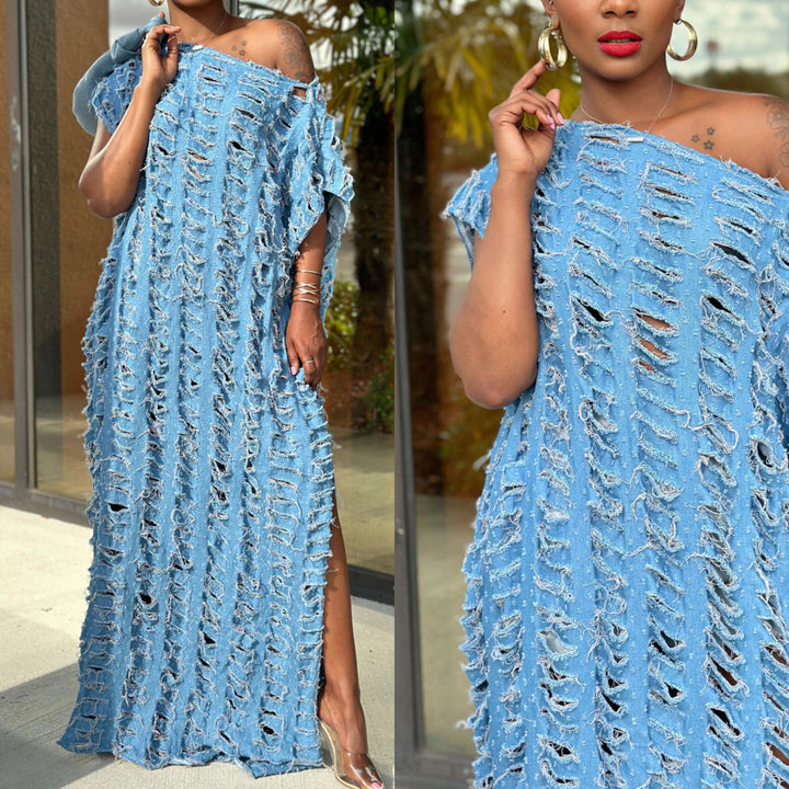 Shredded in Pieces Long Dress ( Lt Denim & Dk Denim)