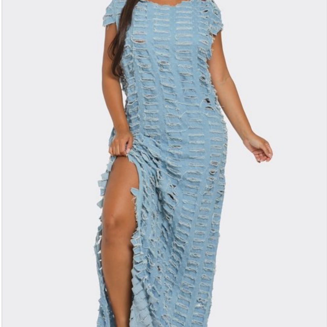 Shredded in Pieces Long Dress ( Lt Denim & Dk Denim)