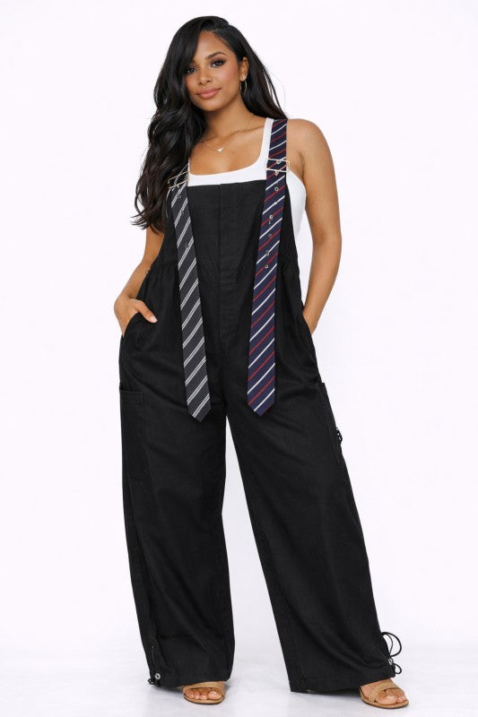 Varsity Chic  Tie Me Oversized Wide Leg Jumpsuit (Black)