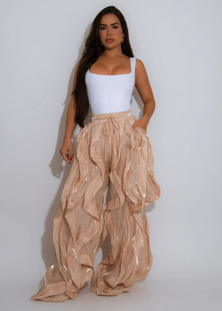 High Waisted Ruffle Organza Drawstring Joggers (Beige)