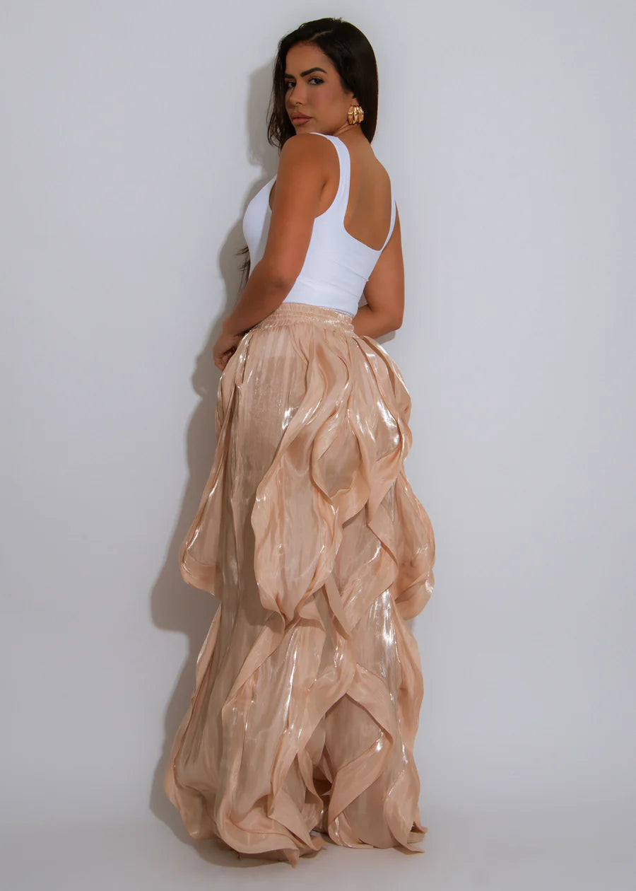 High Waisted Ruffle Organza Drawstring Joggers (Beige)