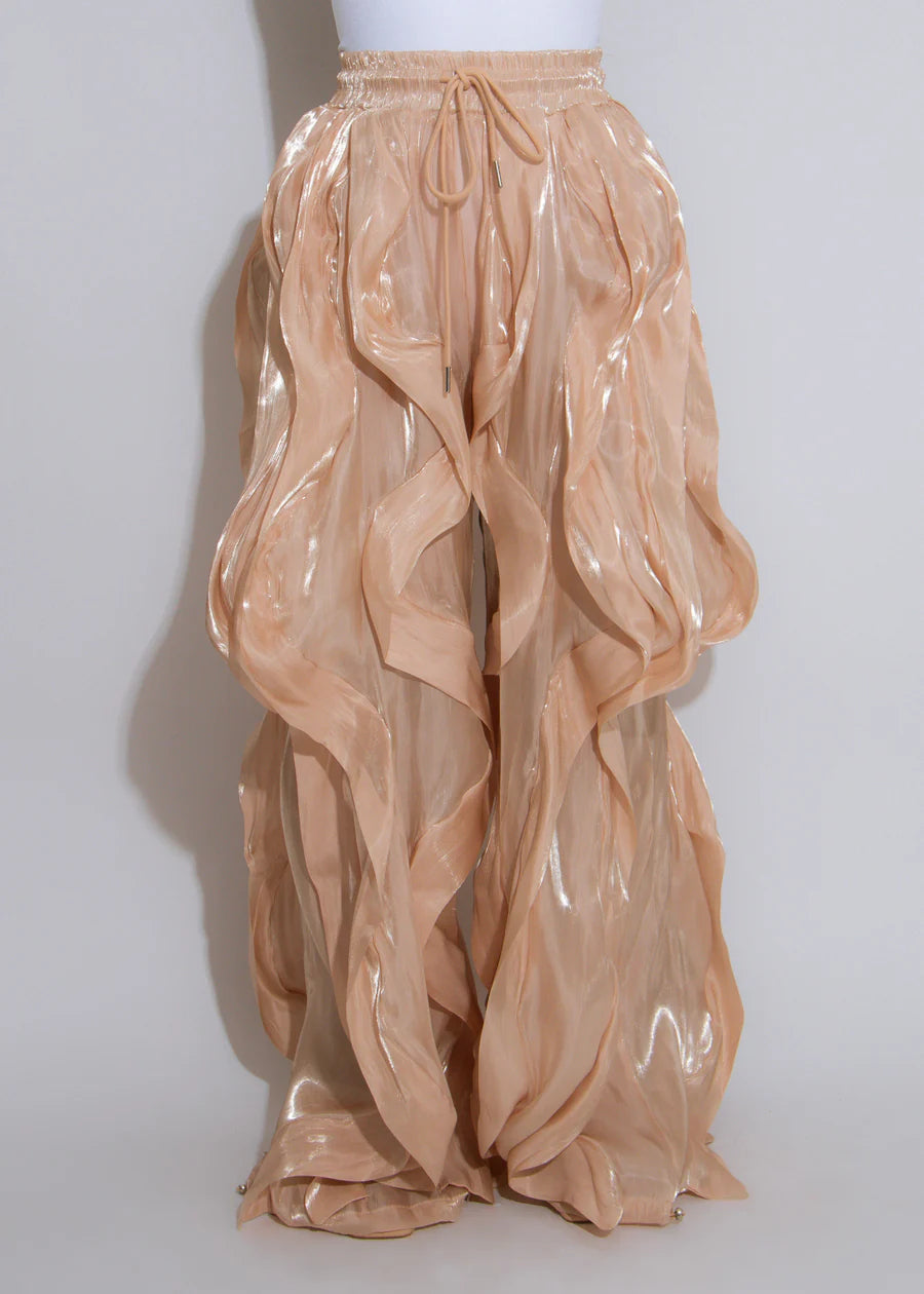High Waisted Ruffle Organza Drawstring Joggers (Beige)
