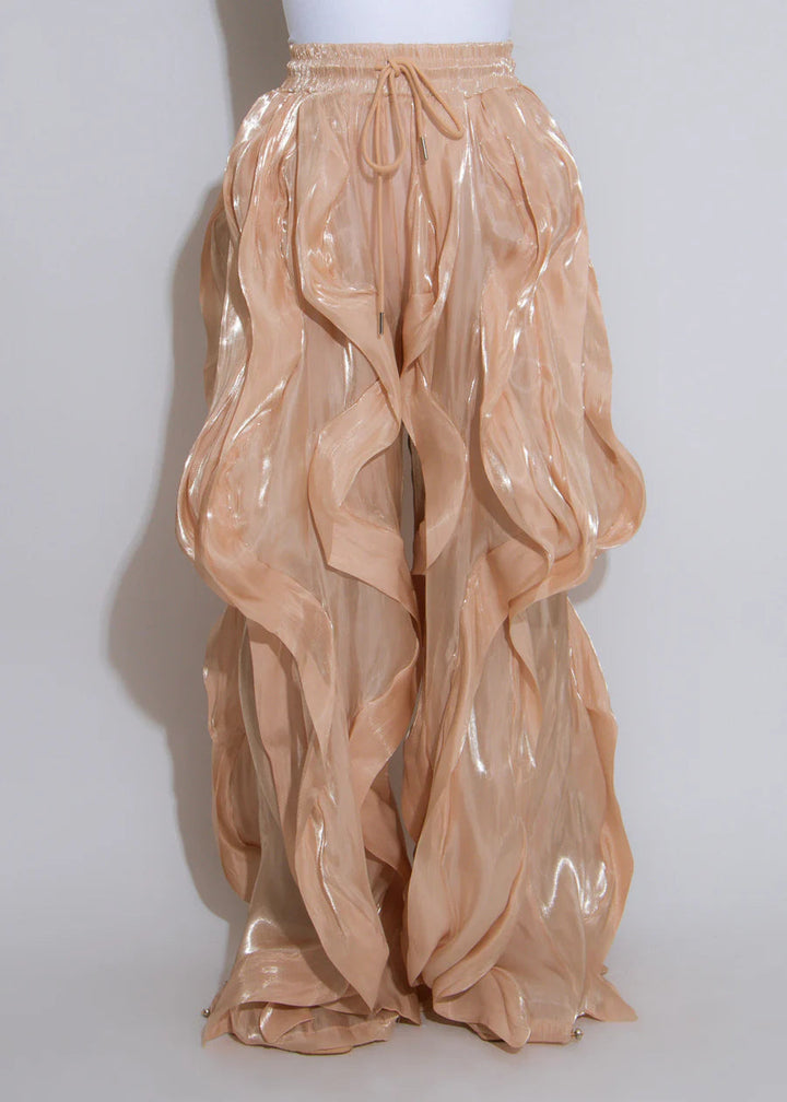 High Waisted Ruffle Organza Drawstring Joggers (Beige)