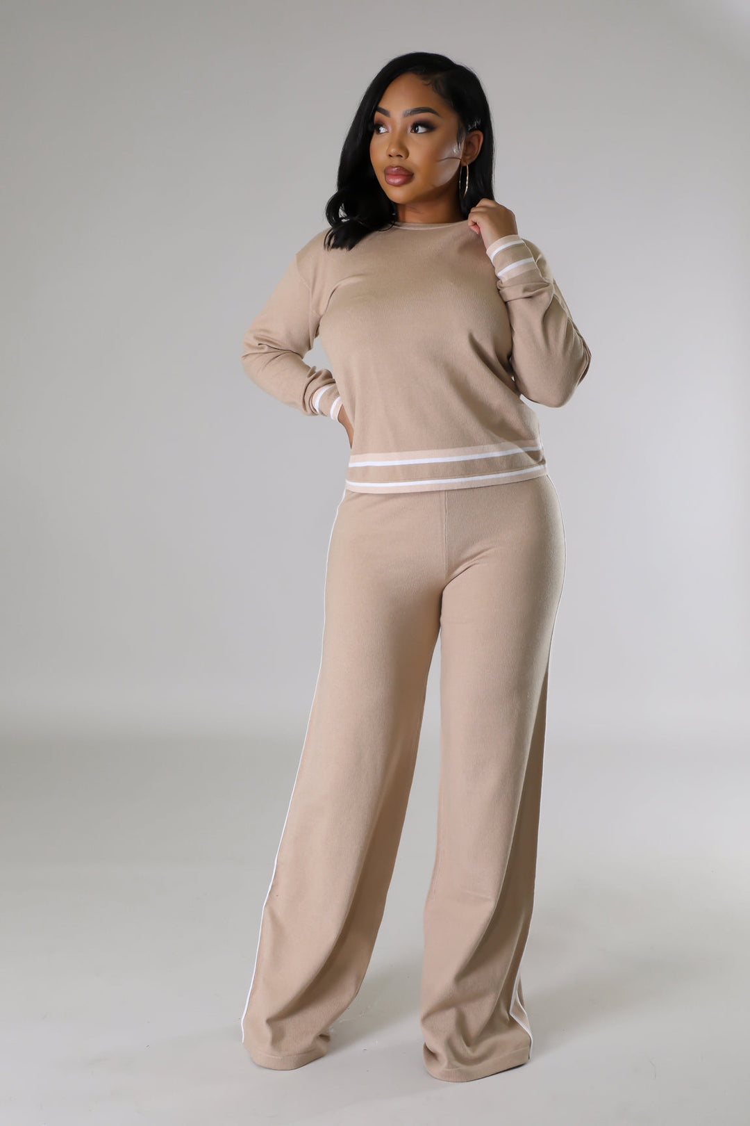 Juliet Side Stripe 2Pc Pants Set - Beige