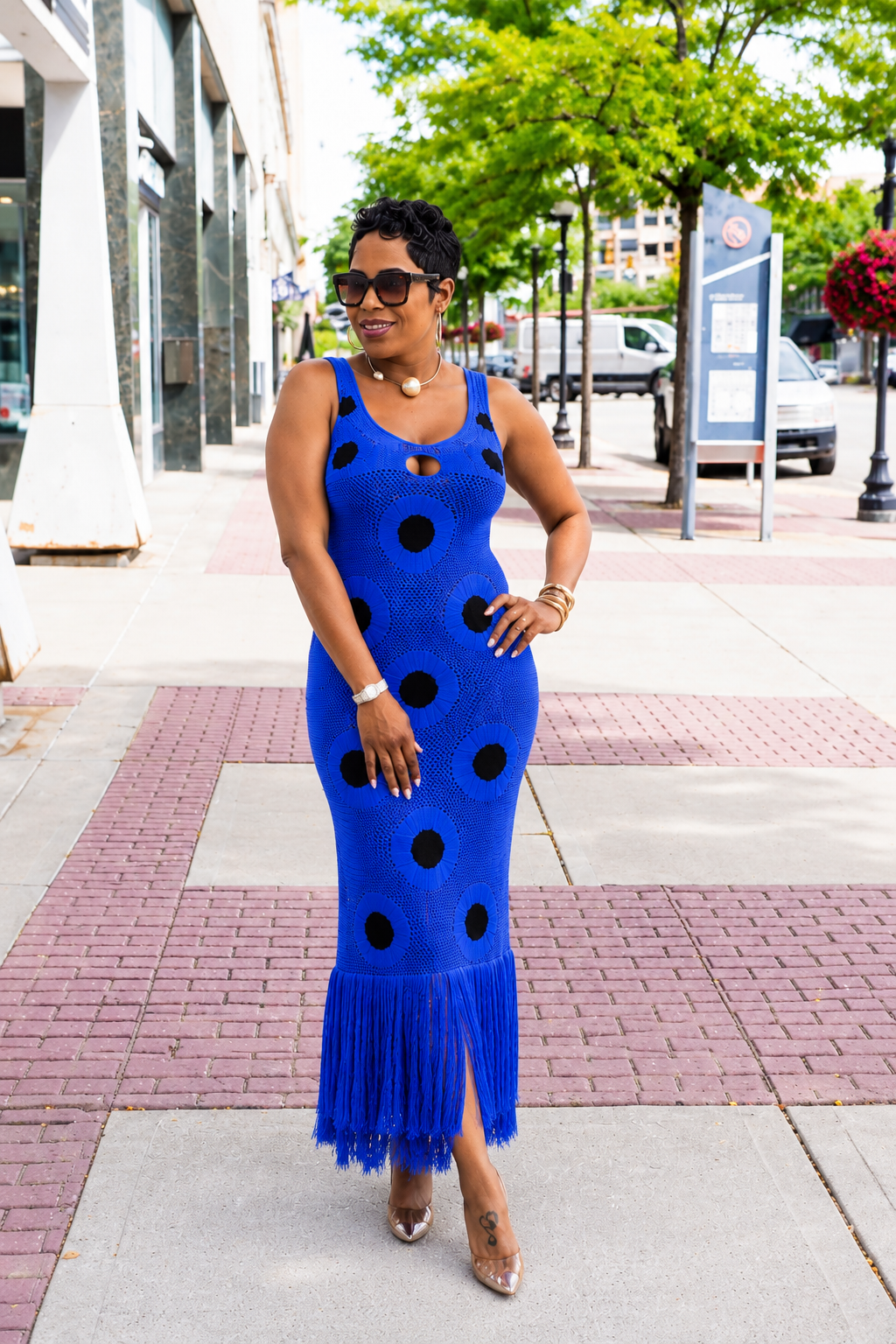 Envision Dots Fringe Knit Dress (Royal Blue)