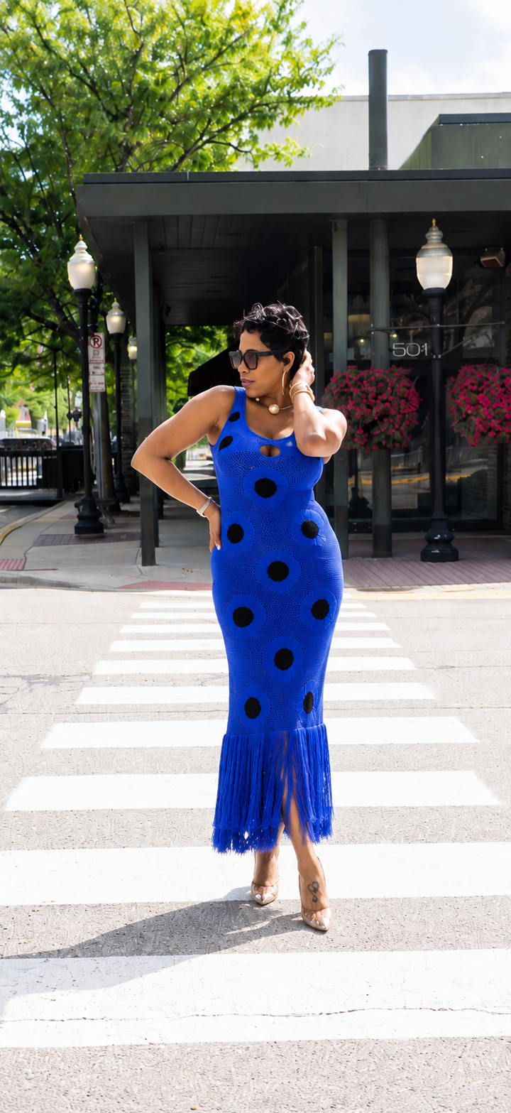 Envision Dots Fringe Knit Dress (Royal Blue)
