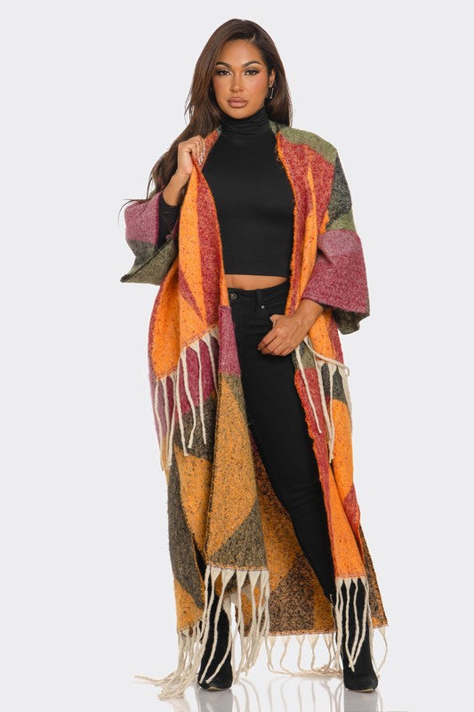 Fallon Multi Color Tassle Cardigan -Dark orange/burg/green