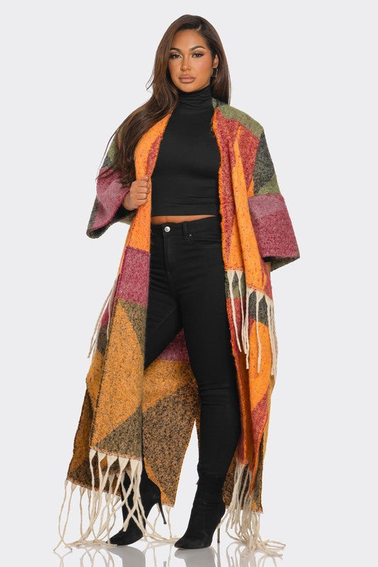 Fallon Multi Color Tassle Cardigan -Dark orange/burg/green