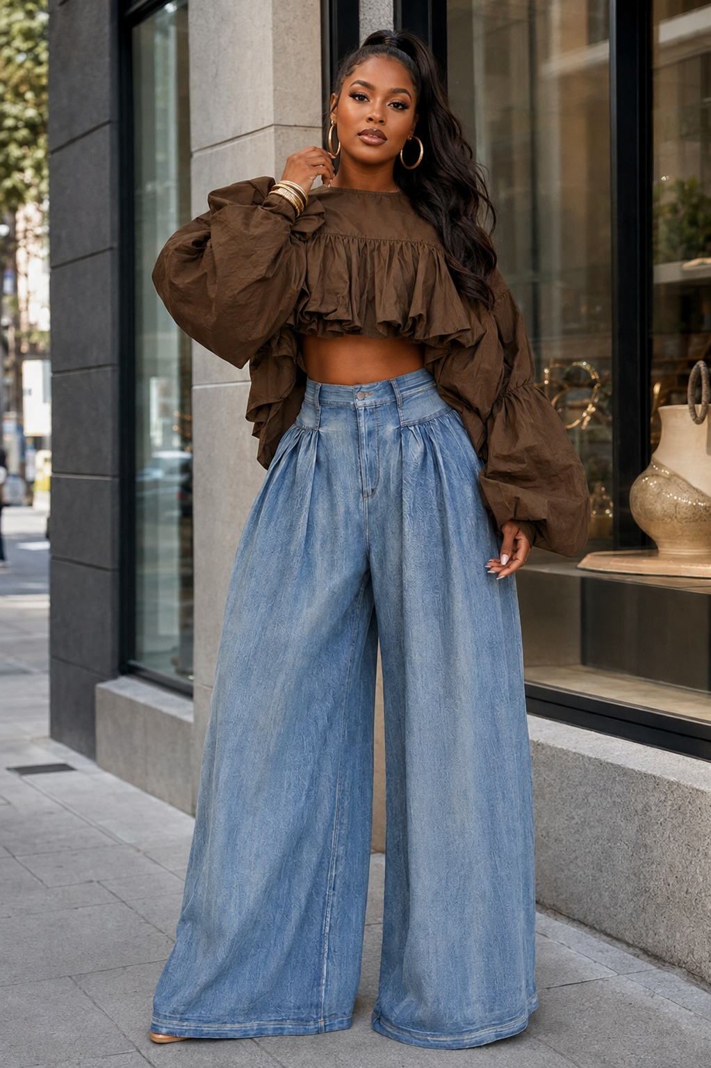Drama Effect Ruffle Crop Top (Black)